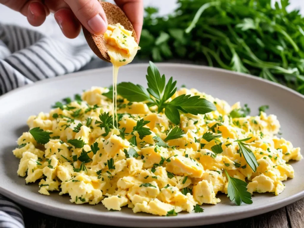 Seasoning and serving scrambled eggs with fresh herbs