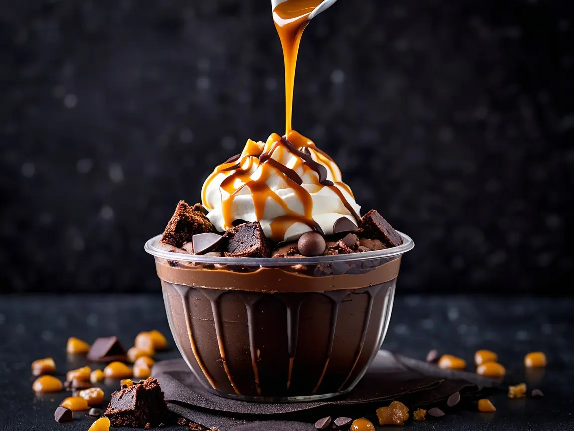 Chocolate Pinkberry frozen yogurt topped with brownie chunks, chocolate chips, and caramel drizzle