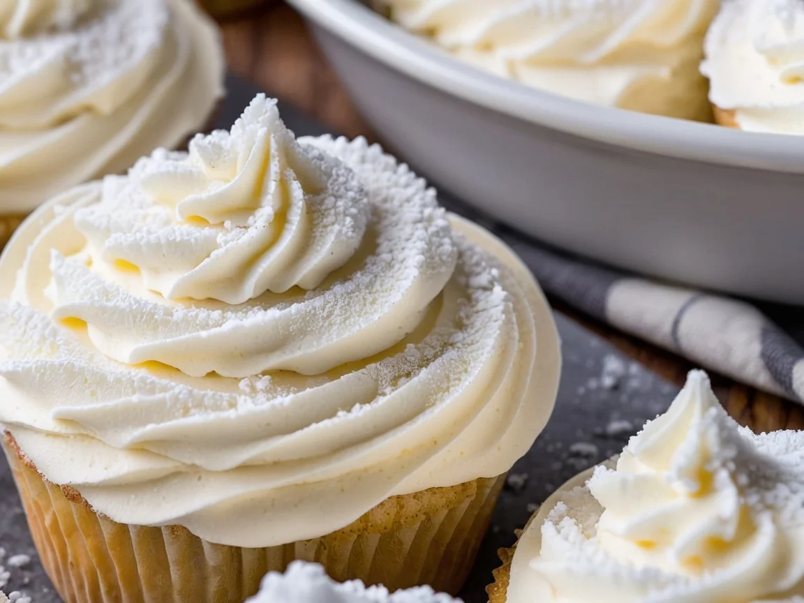 Close-up of cream cheese frosting with a light dusting of powdered sugar