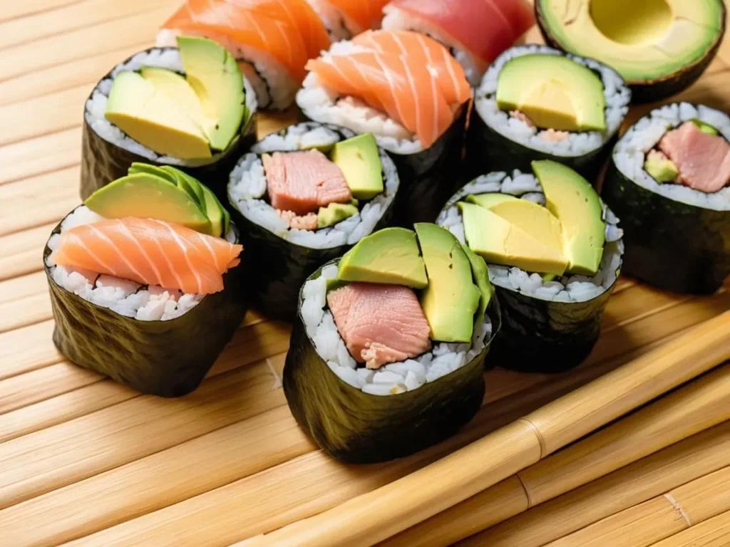 Close-up of sushi rolls with avocado, tuna, and salmon on a bamboo mat