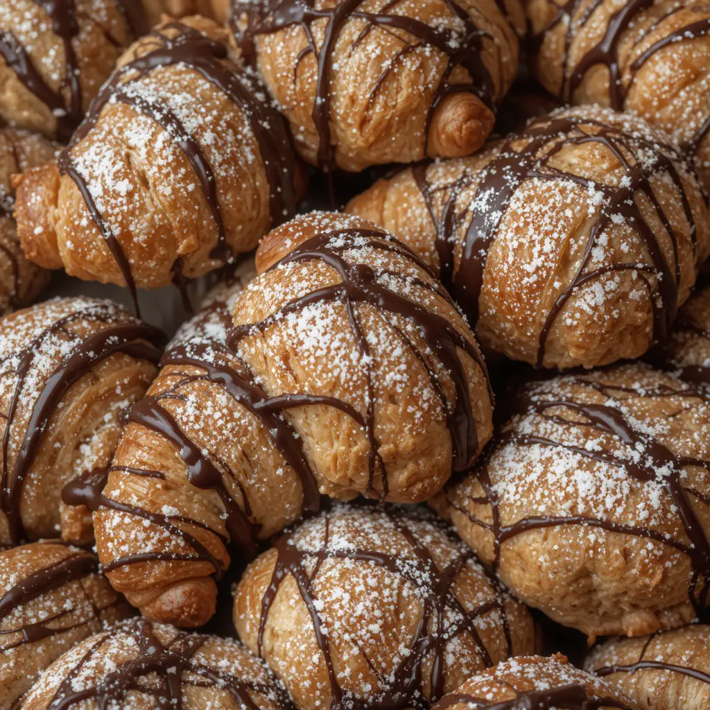 Close-up of croissant cookies drizzled with chocolate sauce and topped with powdered sugar