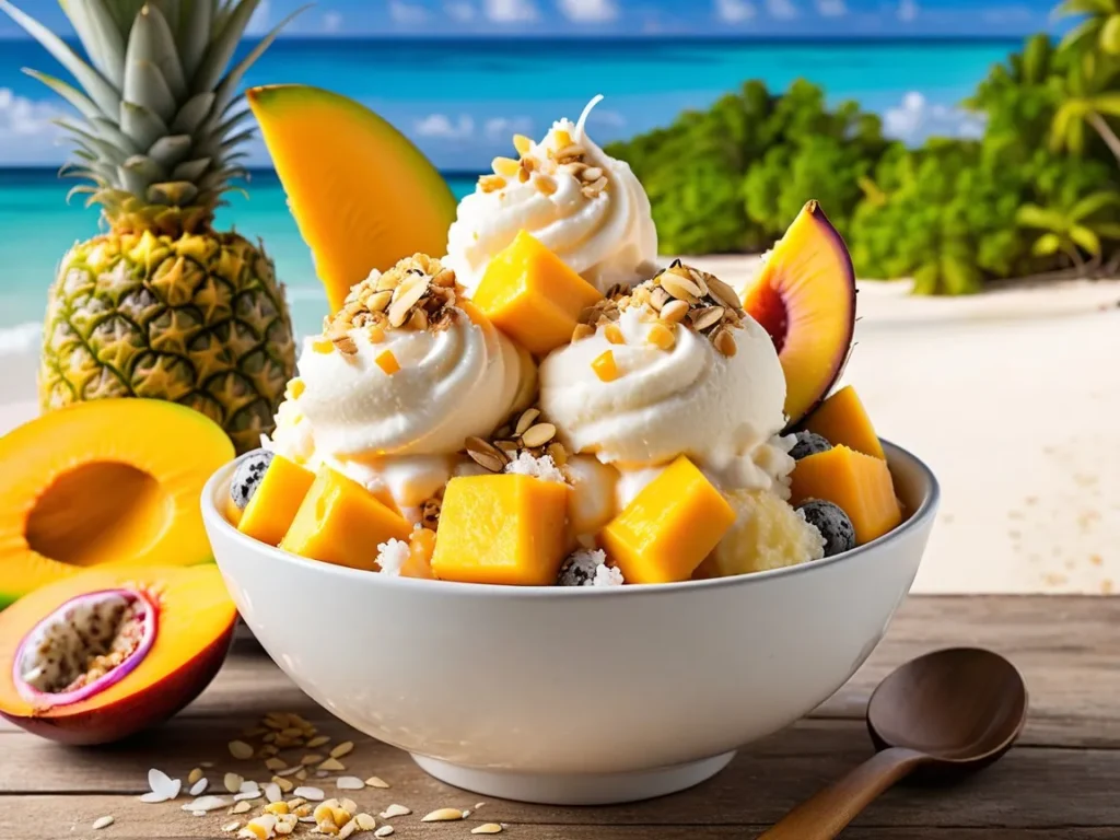 Mango frozen yogurt topped with coconut flakes, pineapple, and passionfruit seeds