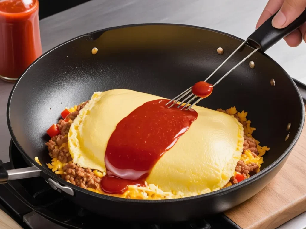 A chef preparing omurice in a hot pan, adding ketchup to the omelet