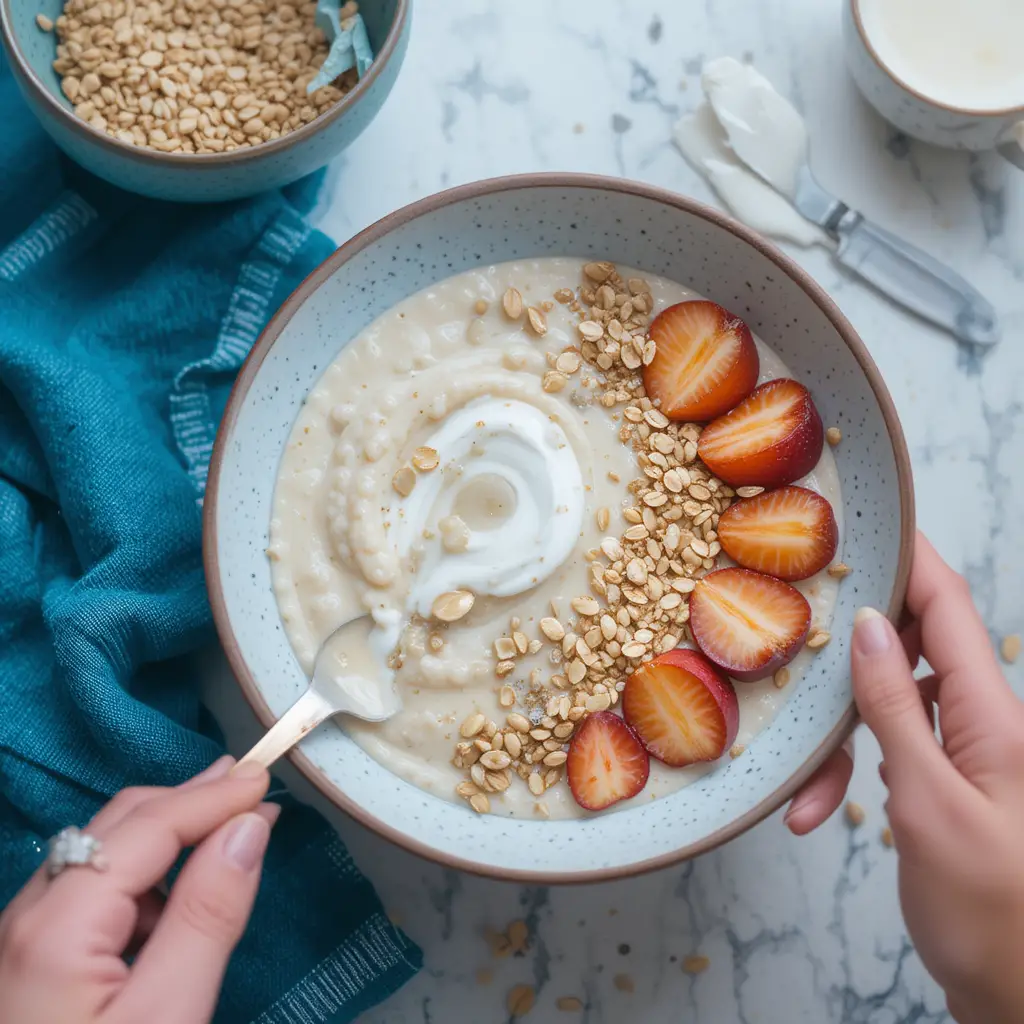 A bowl of porridge being served with oat milk and topped with sliced fruit and seeds