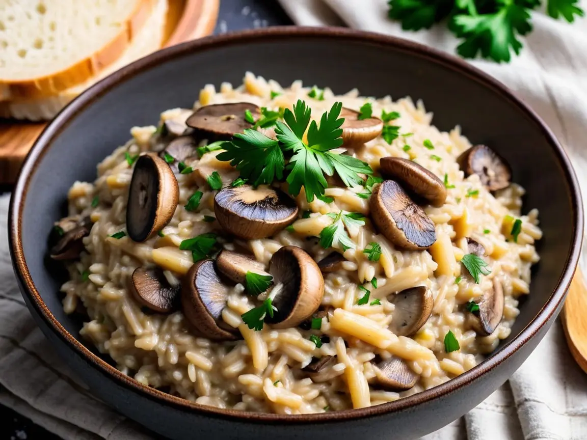 Creamy mushroom risotto served in a bowl, garnished with parsley and Parmesan cheese