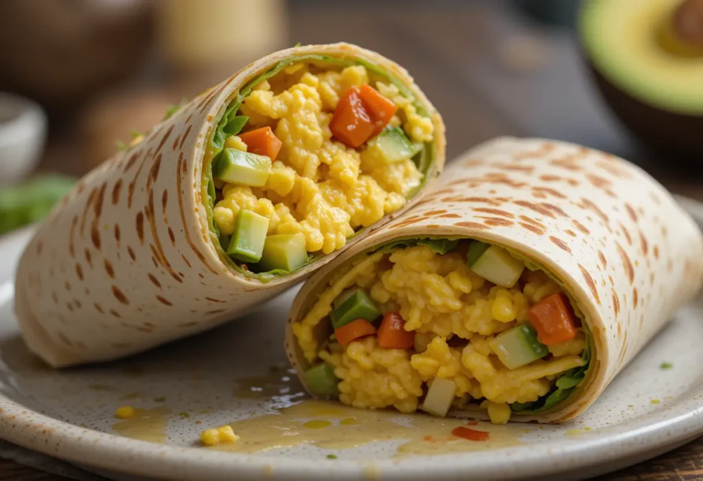 A breakfast burrito cut in half, revealing scrambled eggs, avocado, and veggies inside