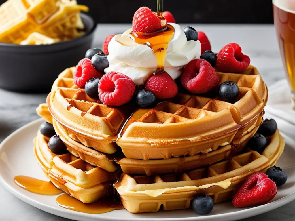 Stack of golden waffles topped with syrup and fresh berries at Waffle House