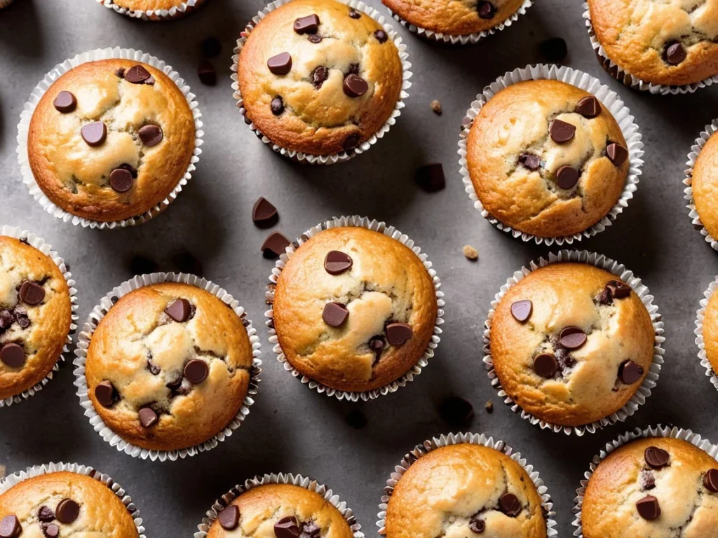 Banana muffins displayed in paper liners with a scattering of chocolate chips