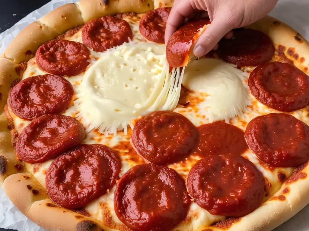 A freshly rolled pizza base being topped with tomato sauce, cheese, and pepperoni