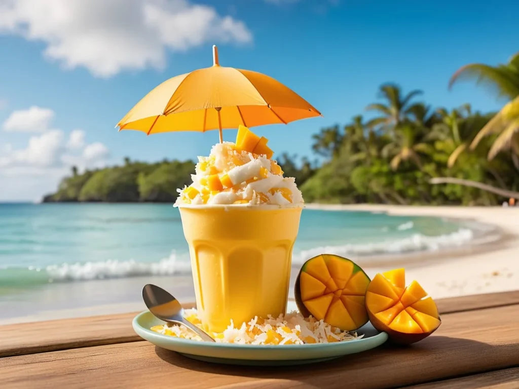 Mango frozen yogurt topped with fresh mango chunks and shredded coconut