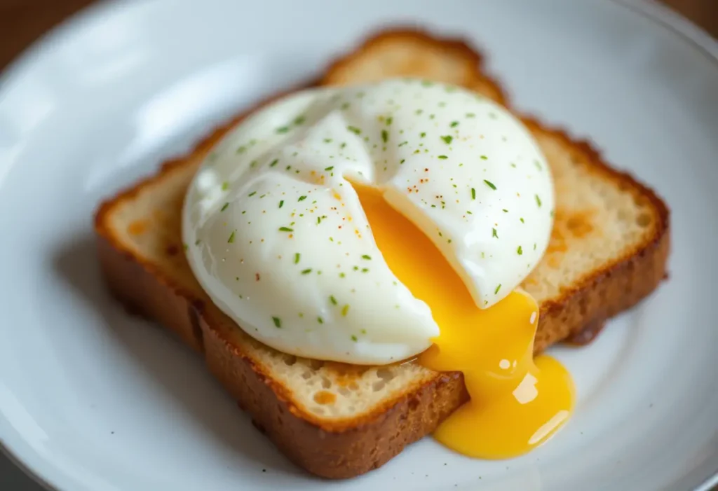 A perfectly poached egg with a runny yolk on a slice of toasted bread