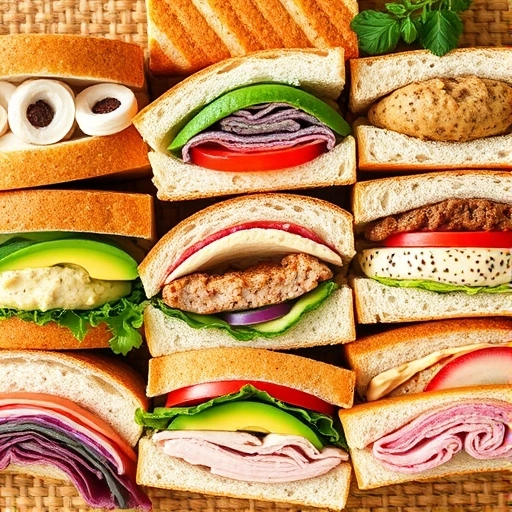 An assortment of colorful sandwiches with diverse fillings like turkey, avocado, and hummus