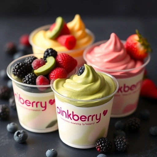 Pinkberry yogurt cups with vibrant flavors like pomegranate and matcha, garnished with fresh berries