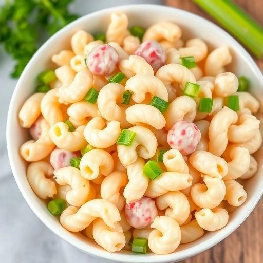 A bowl of creamy macaroni salad with pasta, mayo, and chopped celery