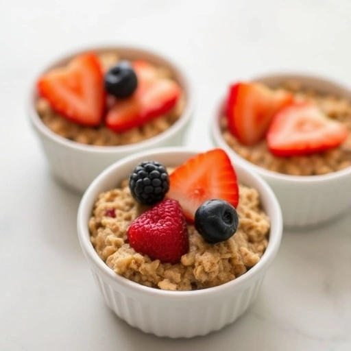 A slice of vegan baked oatmeal topped with fresh berries and a drizzle of maple syrup