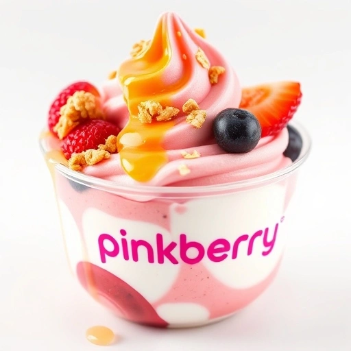 A swirl of Pinkberry frozen yogurt topped with fresh fruits, granola, and a drizzle of honey