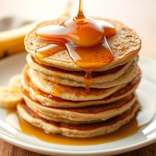 A stack of banana pancakes on a plate with syrup pouring over the top