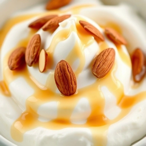 Close-up of a frozen yogurt swirl in a bowl, drizzled with honey and topped with almonds