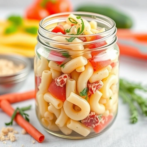 Macaroni salad served in a glass jar with colorful veggies and herbs