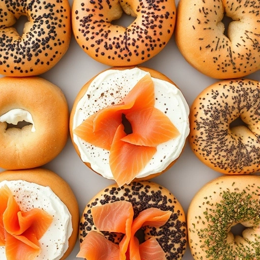 A variety of bagels with cream cheese, smoked salmon, and toppings