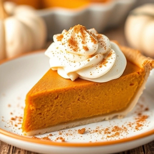 Slice of pumpkin pie with whipped cream and cinnamon topping