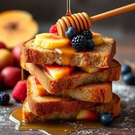 A stack of warm toast slices served with honey and fresh fruit