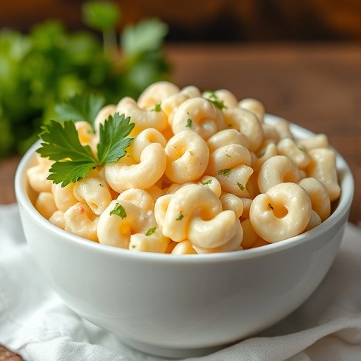 A bowl of creamy macaroni salad garnished with fresh parsley