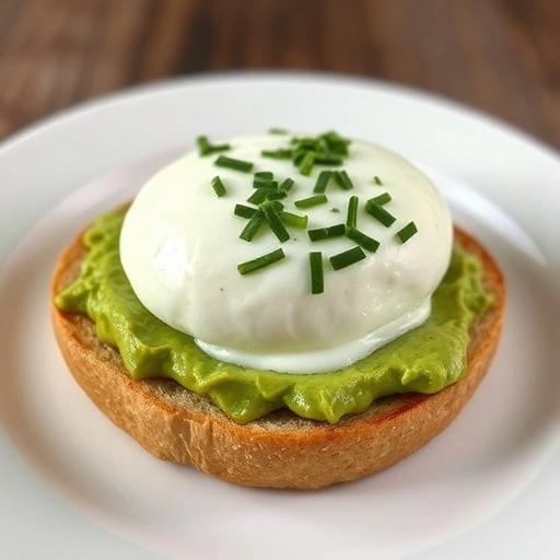 A toasted bagel with avocado spread and poached eggs