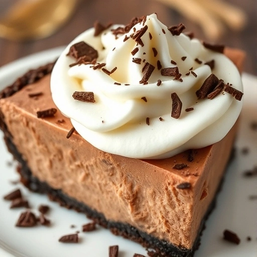 A close-up of a chocolate cream pie topped with whipped cream and chocolate shavings