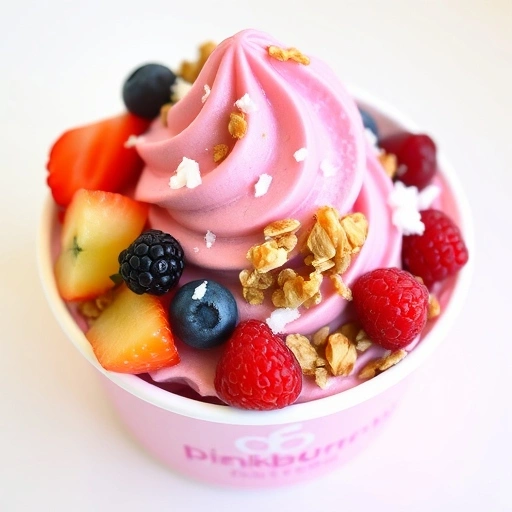 A swirl of Pinkberry frozen yogurt topped with fresh fruit, granola, and coconut flakes