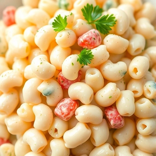 Close-up of macaroni salad with a sprinkle of fresh parsley for garnish