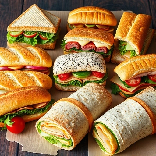 A spread of gourmet sandwiches, including paninis, baguettes, and wraps, displayed on a rustic table