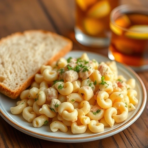 A serving of macaroni salad on a plate with a side of bread and iced tea