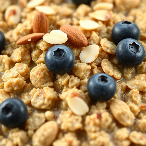 Vegan baked oatmeal in a dish with bananas and nuts as toppings