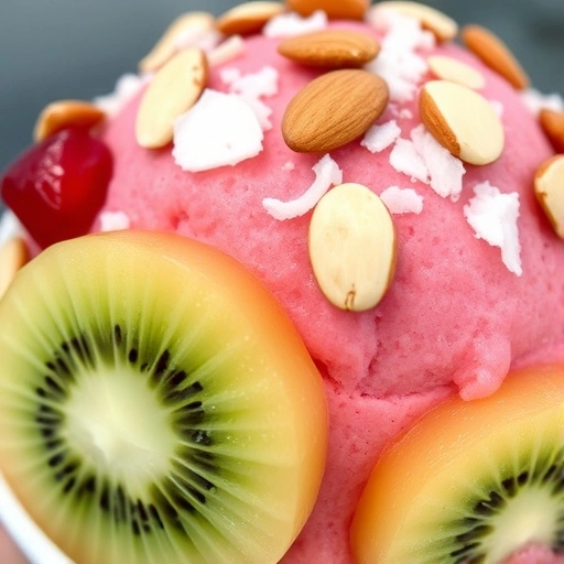 A close-up of Pinkberry’s pomegranate flavor topped with kiwi, coconut flakes, and almonds