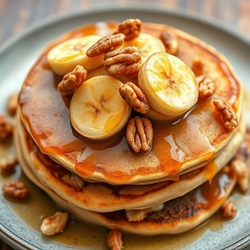 Close-up of banana pancakes topped with caramelized bananas and nuts