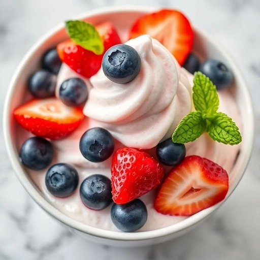 A bowl of creamy frozen yogurt topped with fresh strawberries, blueberries, and mint leaves