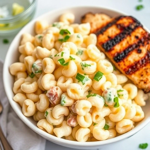 Macaroni salad served in a bowl with a side of grilled chicken