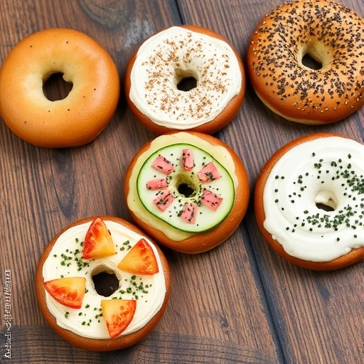 "Bagels displayed with different spreads and toppings on a rustic wooden table