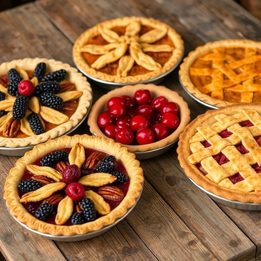 A variety of pie flavors displayed on a rustic table, including berry, pecan, and cherry pies