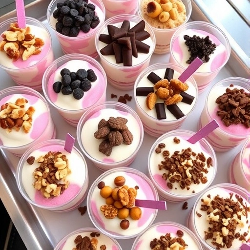 A tray of mini Pinkberry yogurt parfaits with assorted toppings like nuts, chocolate, and fruits