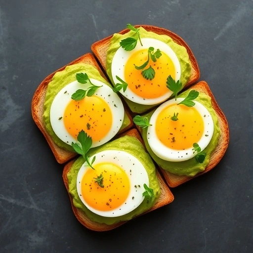 Toast slices arranged with avocado spread, eggs, and microgreens on top