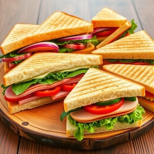 A variety of sandwiches on a wooden platter, including club, BLT, and veggie sandwiches