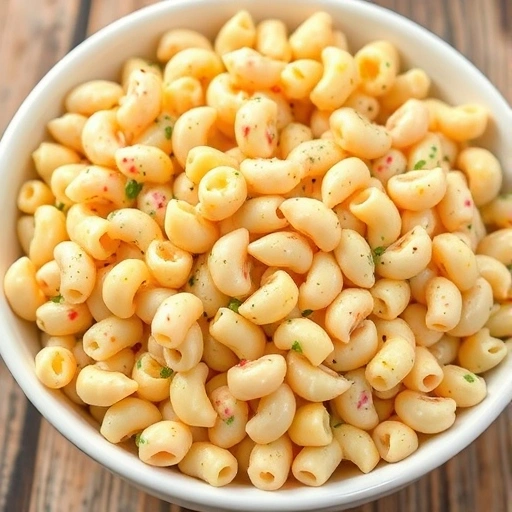 Macaroni salad in a white dish with mayo, pasta, and a hint of seasoning