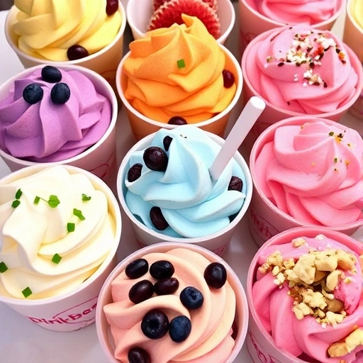 A colorful array of Pinkberry flavors served in cups with a variety of toppings