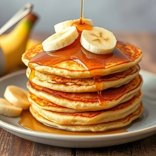 A stack of fluffy banana pancakes topped with sliced bananas and a drizzle of maple syrup