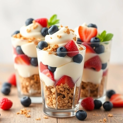 Frozen yogurt served in glass cups with layers of granola and mixed fruits