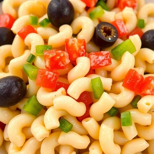 Close-up of macaroni salad topped with chopped bell peppers and olives