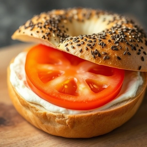 A close-up of a fresh bagel sliced with cream cheese and tomato slices