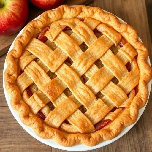 Freshly baked apple pie with a golden, flaky crust and a lattice top